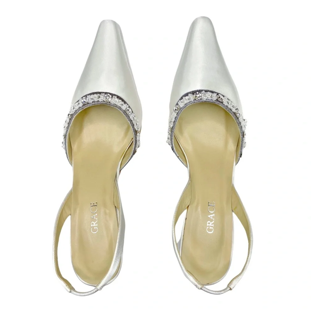 Grace Amare Beaded White Silk Slingbacks - Size 7